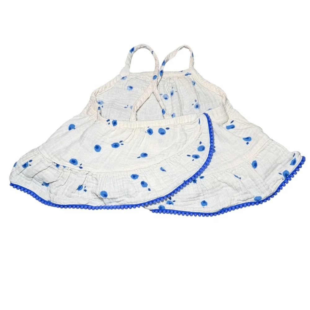 Cat‎ & Jack 2pc Set Toddler Girls 18M White Blue Dot Gauze Ruffle Pom Pom Outfit